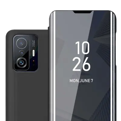Ohišje združljivo z Xiaomi 11T / 11T PRO in črni turmalin - Clear View Mirror zaščitni pokrov s funkcijo stojala 360-stopinjska zaščita