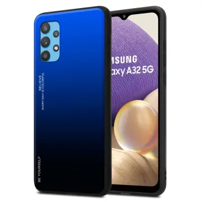 Ohišje je združljivo z Samsung Galaxy A32 5G in modra - črna - Dvobarvni zaščitni pokrov iz silikona TPU in hrbtna stran iz kaljenega stekla