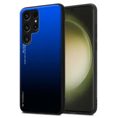 Ohišje je združljivo z Samsung Galaxy S23 ULTRA in modra - črna - Dvobarvni zaščitni pokrov iz silikona TPU in hrbtna stran iz kaljenega stekla