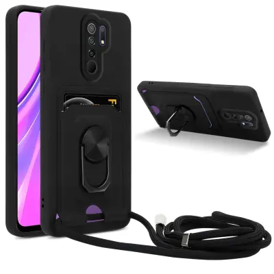 Verižica za mobilni telefon s funkcijo stojala, združljiva z Xiaomi RedMi 9 v črna barvi - silikonski zaščitni pokrov z nastavljivim trakom
