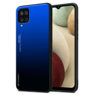 Ohišje je združljivo z Samsung Galaxy A12 / M12 in modra - črna - Dvobarvni zaščitni pokrov iz silikona TPU in hrbtna stran iz kaljenega stekla