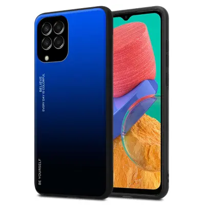 Ohišje je združljivo z Samsung Galaxy M33 5G in modra - črna - Dvobarvni zaščitni pokrov iz silikona TPU in hrbtna stran iz kaljenega stekla