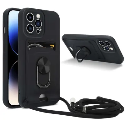 Verižica za mobilni telefon s funkcijo stojala, združljiva z Apple iPhone 14 PRO v črna barvi - silikonski zaščitni pokrov z nastavljivim trakom