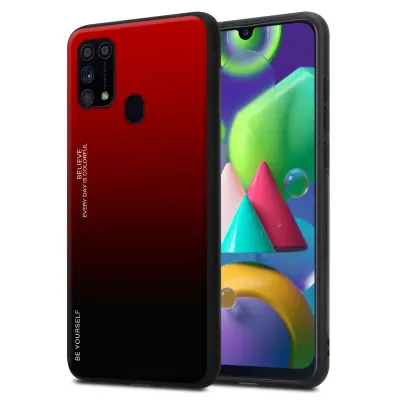 Ohišje je združljivo z Samsung Galaxy M31 in rdeča - črna - Dvobarvni zaščitni pokrov iz silikona TPU in hrbtna stran iz kaljenega stekla