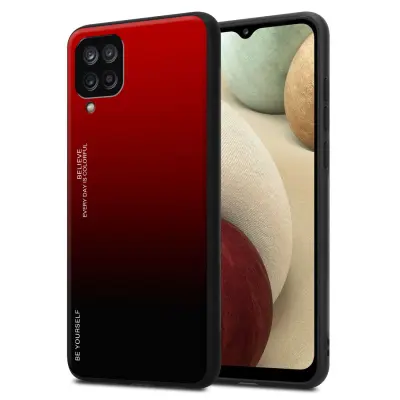 Ohišje je združljivo z Samsung Galaxy A12 / M12 in rdeča - črna - Dvobarvni zaščitni pokrov iz silikona TPU in hrbtna stran iz kaljenega stekla