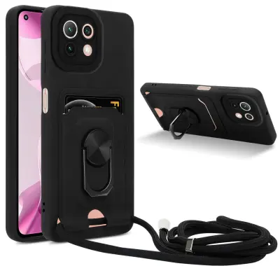 Verižica za mobilni telefon s funkcijo stojala, združljiva z Xiaomi Mi 11 LITE (4G/5G)/11 LITE NE v črna barvi - silikonski zaščitni pokrov z nastavlj