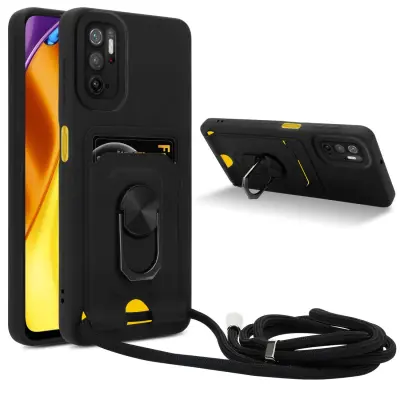 Verižica za mobilni telefon s funkcijo stojala, združljiva z Xiaomi RedMi NOTE 10 5G/POCO M3 PRO 5G v črna barvi - silikonski zaščitni pokrov z nastav