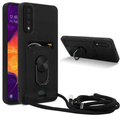 Verižica za mobilni telefon s funkcijo stojala, združljiva s Samsung Galaxy A50 4G/A50s/A30s v črna barvi - silikonski zaščitni pokrov z nastavljivim