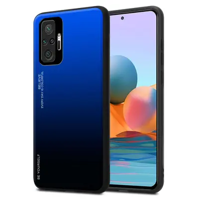 Ohišje je združljivo z Xiaomi RedMi NOTE 10 PRO in modra - črna - Dvobarvni zaščitni pokrov iz silikona TPU in hrbtna stran iz kaljenega stekla