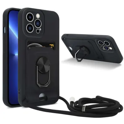 Verižica za mobilni telefon s funkcijo stojala, združljiva z Apple iPhone 11 PRO MAX v črna barvi - silikonski zaščitni pokrov z nastavljivim trakom