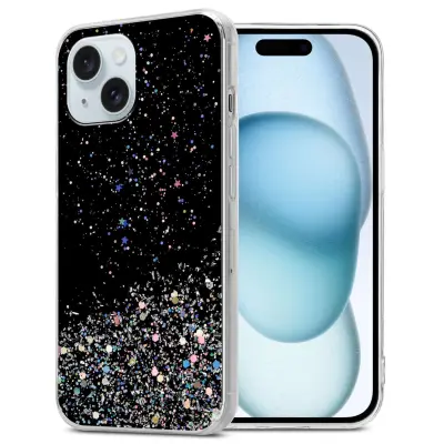 Ohišje, združljivo z Apple iPhone 15 PLUS in črna z bleščicami - Zaščitni ovitek iz prožnega silikona TPU s svetlečimi bleščicami