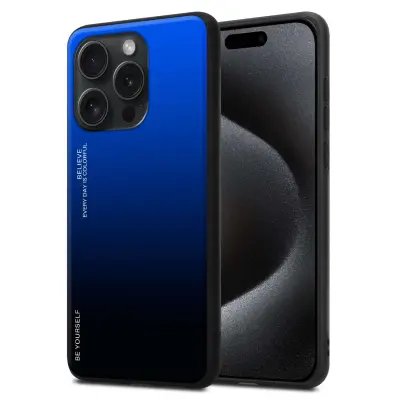 Ohišje je združljivo z Apple iPhone 15 PRO MAX in modra - črna - Dvobarvni zaščitni pokrov iz silikona TPU in hrbtna stran iz kaljenega stekla