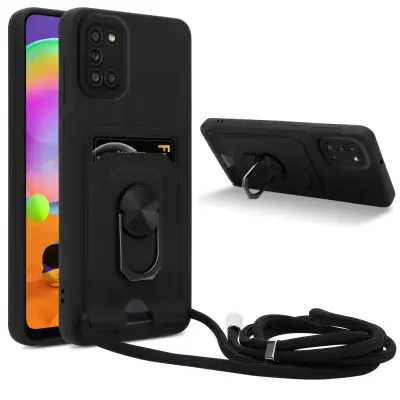 Verižica za mobilni telefon s funkcijo stojala, združljiva z Samsung Galaxy A31 v črna barvi - silikonski zaščitni pokrov z nastavljivim trakom
