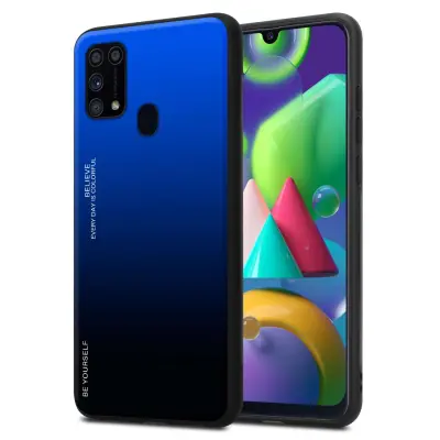 Ohišje je združljivo z Samsung Galaxy M31 in modra - črna - Dvobarvni zaščitni pokrov iz silikona TPU in hrbtna stran iz kaljenega stekla