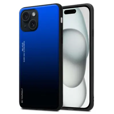 Ohišje je združljivo z Apple iPhone 15 PLUS in modra - črna - Dvobarvni zaščitni pokrov iz silikona TPU in hrbtna stran iz kaljenega stekla