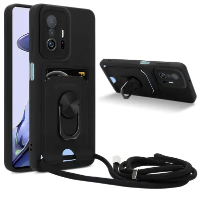 Verižica za mobilni telefon s funkcijo stojala, združljiva z Xiaomi 11T / 11T PRO v črna barvi - silikonski zaščitni pokrov z nastavljivim trakom