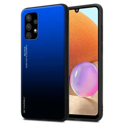 Ohišje je združljivo z Samsung Galaxy A32 4G in modra - črna - Dvobarvni zaščitni pokrov iz silikona TPU in hrbtna stran iz kaljenega stekla