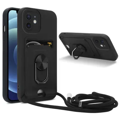 Verižica za mobilni telefon s funkcijo stojala, združljiva z Apple iPhone 11 v črna barvi - silikonski zaščitni pokrov z nastavljivim trakom