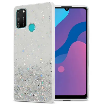 Ohišje, združljivo z Honor 9A in prozorna z bleščicami - Zaščitni ovitek iz prožnega silikona TPU s svetlečimi bleščicami