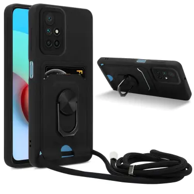 Verižica za mobilni telefon s funkcijo stojala, združljiva z Xiaomi RedMi 10 4G v črna barvi - silikonski zaščitni pokrov z nastavljivim trakom