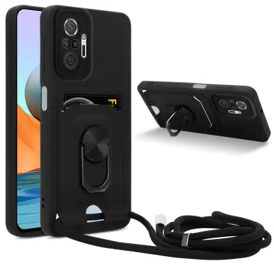 Verižica za mobilni telefon s funkcijo stojala, združljiva z Xiaomi RedMi NOTE 10 PRO v črna barvi - silikonski zaščitni pokrov z nastavljivim trakom