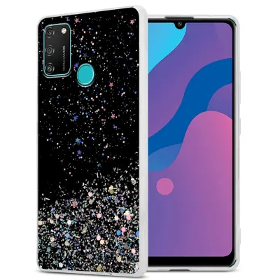 Ohišje, združljivo z Honor 9A in črna z bleščicami - Zaščitni ovitek iz prožnega silikona TPU s svetlečimi bleščicami