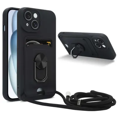 Verižica za mobilni telefon s funkcijo stojala, združljiva z Apple iPhone 15 PLUS v črna barvi - silikonski zaščitni pokrov z nastavljivim trakom