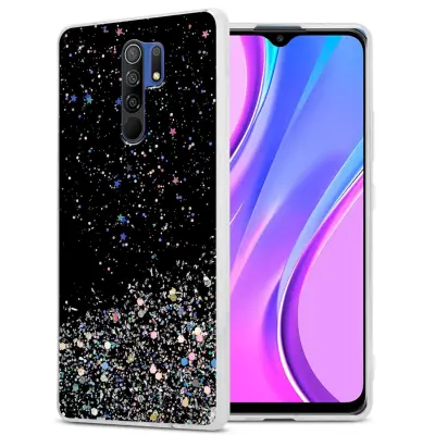 Ohišje, združljivo z Xiaomi RedMi 9 in črna z bleščicami - Zaščitni ovitek iz prožnega silikona TPU s svetlečimi bleščicami