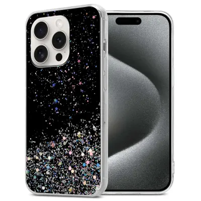 Ohišje, združljivo z Apple iPhone 15 PRO MAX in črna z bleščicami - Zaščitni ovitek iz prožnega silikona TPU s svetlečimi bleščicami