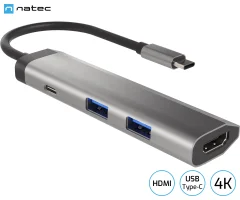 NATEC Fowler Slim2x USB-A 3.0/1x HDMI/1x USB-C/max 4K UHD/5GB/s/Plug&Play/Power Delivery 3.0/100W siv adapter USB hub