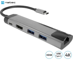 NATEC Fowler Go 2x USB-A 3.0/1x HDMI/1x Ethernet RJ-45/1x USB-C/max 4K UHD/5 GB/s/Plug&Play/Power Delivery 3.0/100W siv adapter USB hub