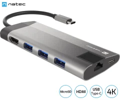 NATEC Fowler Plus 3x USB-A 3.0/1x HDMI/1x Ethernet RJ-45/1x USB-C/1x SD/microSD/max 4K UHD/5 GB/s/Plug&Play/Power Delivery 3.0/100W siv adapter USB hub