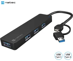 NATEC Mayfly 4x USB-A 3.0/USB-C ali USB-A konektor/5 GB/s/Plug&Play črn adapter USB hub