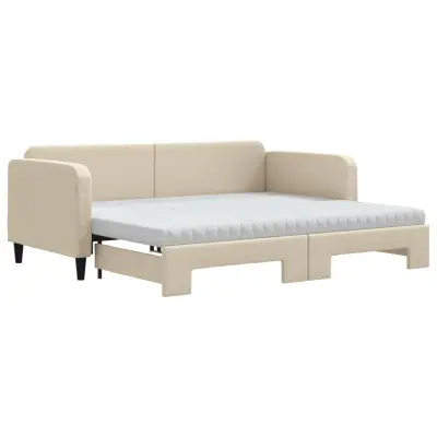 vidaXL Izvlečna dnevna postelja z vzmetnicami krem 90x200 cm blago