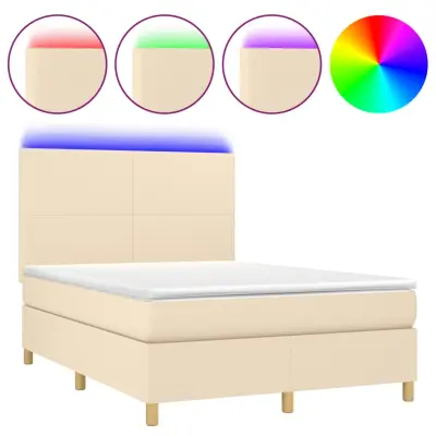 vidaXL Box spring postelja z vzmetnico LED krem 140x200 cm blago