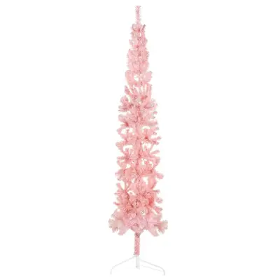 vidaXL Ozka umetna polovična novoletna jelka s stojalom roza 240 cm