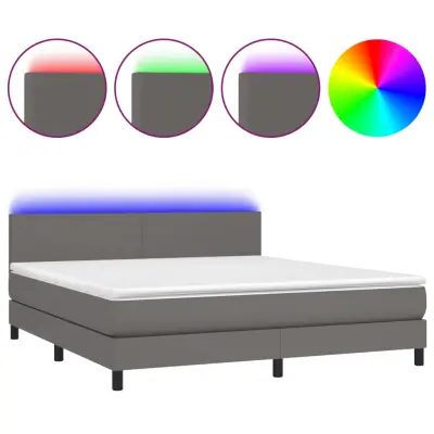 vidaXL Box spring postelja z vzmetnico LED siva 160x200cm umetno usnje