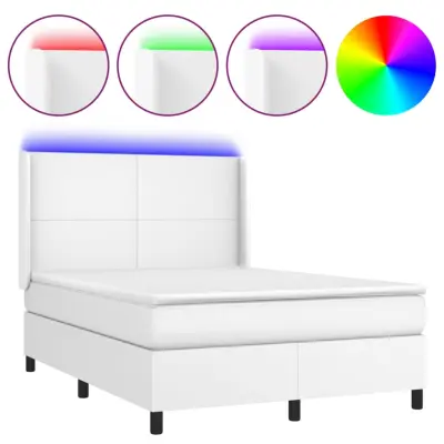 vidaXL Box spring postelja z vzmetnico LED bela 140x190cm umetno usnje