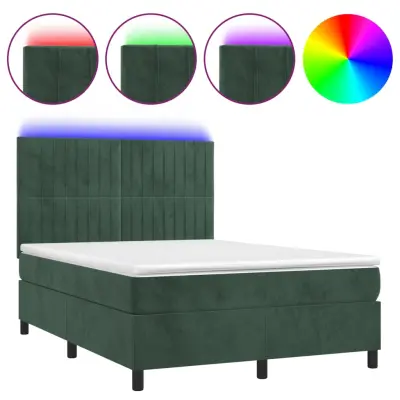 vidaXL Box spring postelja z vzmetnico LED tem. zelena 140x190cm žamet