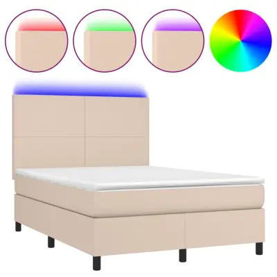 vidaXL Box spring postelja z vzmetnico LED kapučino 140x190 cm