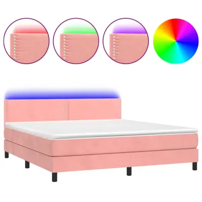 vidaXL Box spring postelja z vzmetnico LED roza 160x200 cm žamet