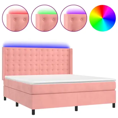 vidaXL Box spring postelja z vzmetnico LED roza 160x200 cm žamet