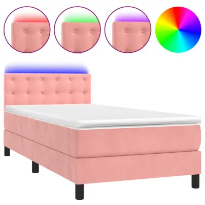 vidaXL Box spring postelja z vzmetnico LED roza 90x200 cm žamet