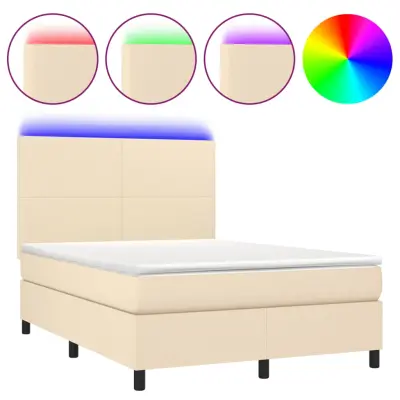 vidaXL Box spring postelja z vzmetnico LED krem 140x190 cm blago