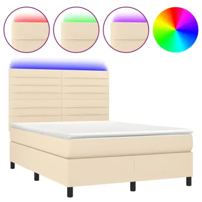 vidaXL Box spring postelja z vzmetnico LED krem 140x200 cm blago