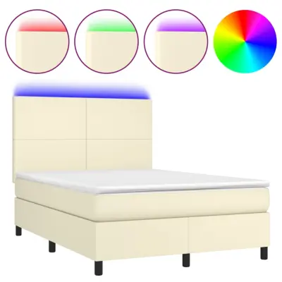 vidaXL Box spring postelja z vzmetnico LED krem 140x190cm umetno usnje