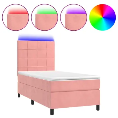 vidaXL Box spring postelja z vzmetnico LED roza 90x200 cm žamet