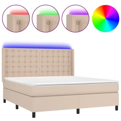 vidaXL Box spring postelja vzmetnico LED kapučino 180x200 cm um. usnje