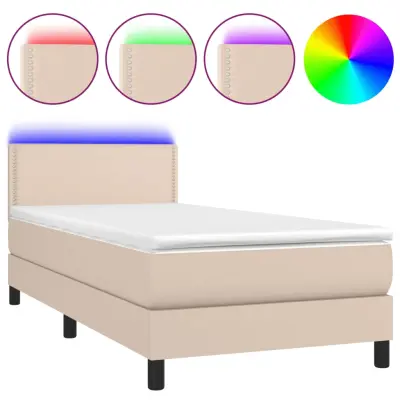 vidaXL Box spring postelja z vzmetnico LED kapučino 80x200cm um. usnje