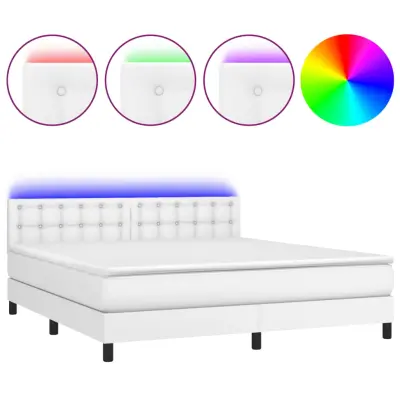 vidaXL Box spring postelja z vzmetnico LED bela 160x200cm umetno usnje